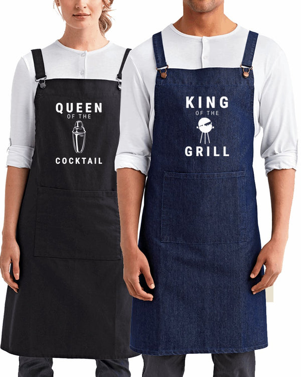 Queen & King Couples Apron - Premium Cotton & Denim, Durable Design, Perfect Gift for Cooking Pairs - Perfeito Foods